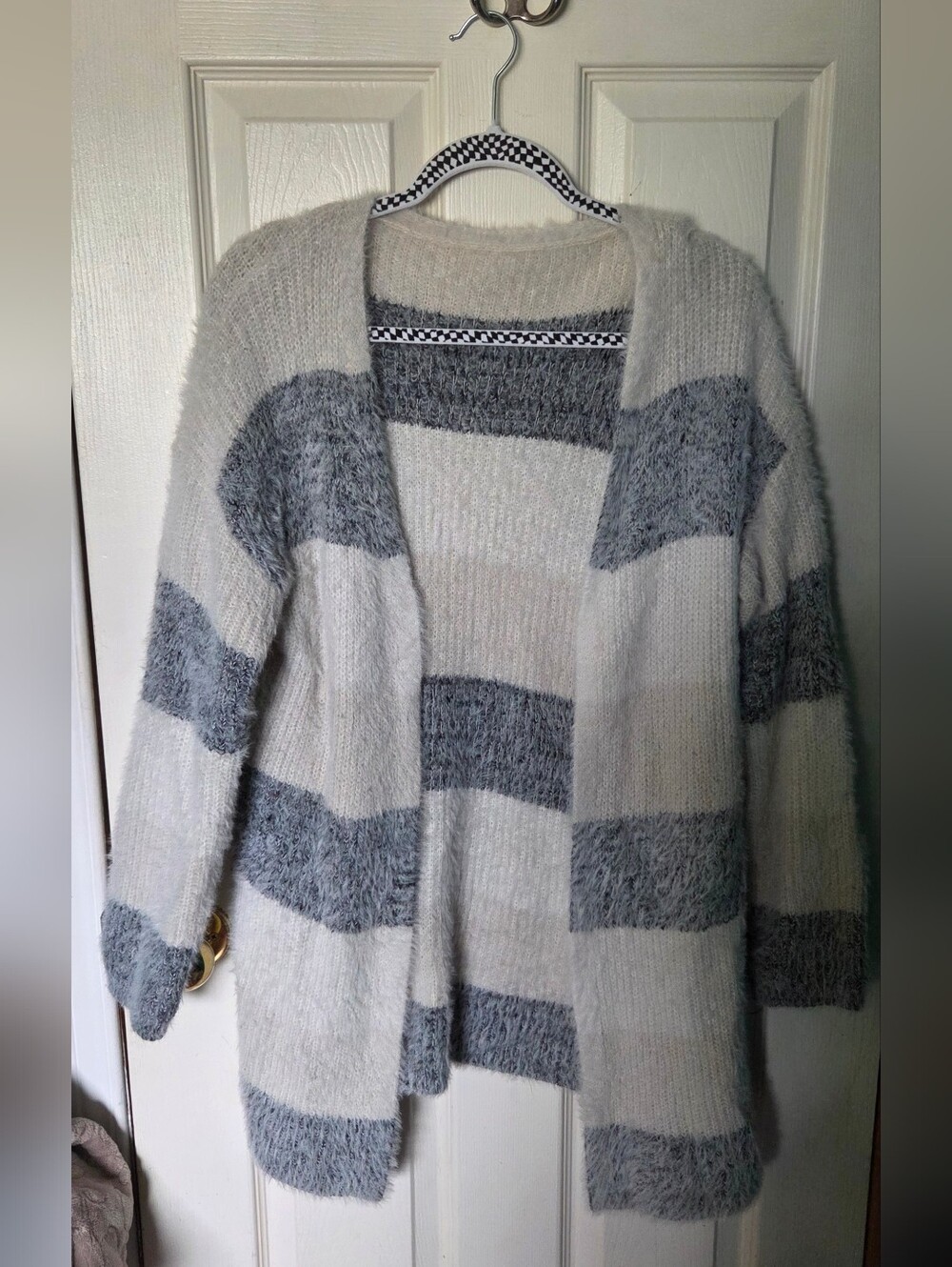 SHEIN Fuzzy Open-Front Striped Cardigan - White & Gray
